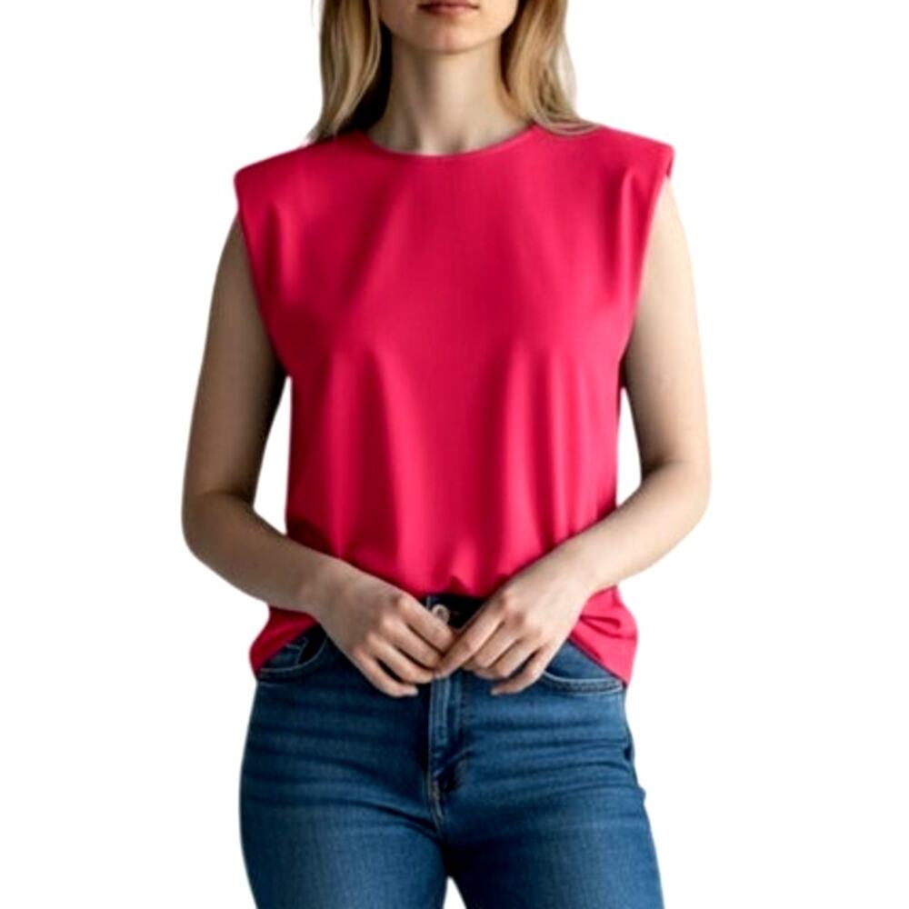 TCEC Women's Medium Solid Fuchsia Pink Crew Neck Sleeveless Lightweight Blouse